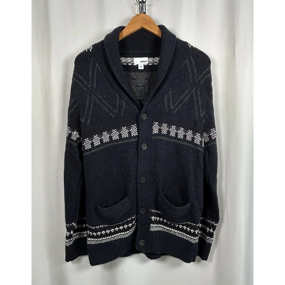 Sonoma Sweater Mens Small Blue Gray Grandpa Fair Isle Knitted Cardigan Button-Up